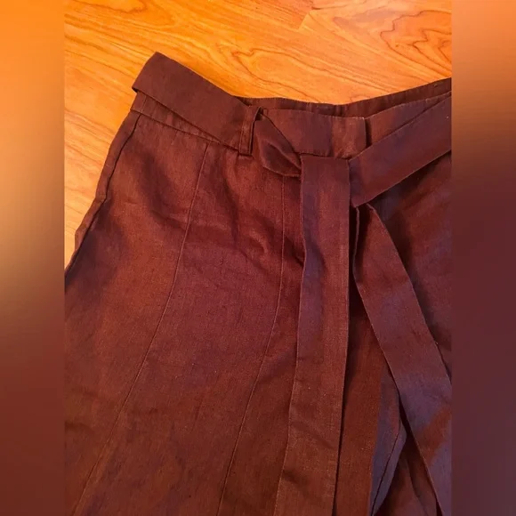 VTG Y2K 100% Linen Crop Pants Extra Wide Leg Gaucho Culottes Brown Belted Moda 4 - Picture 5 of 7
